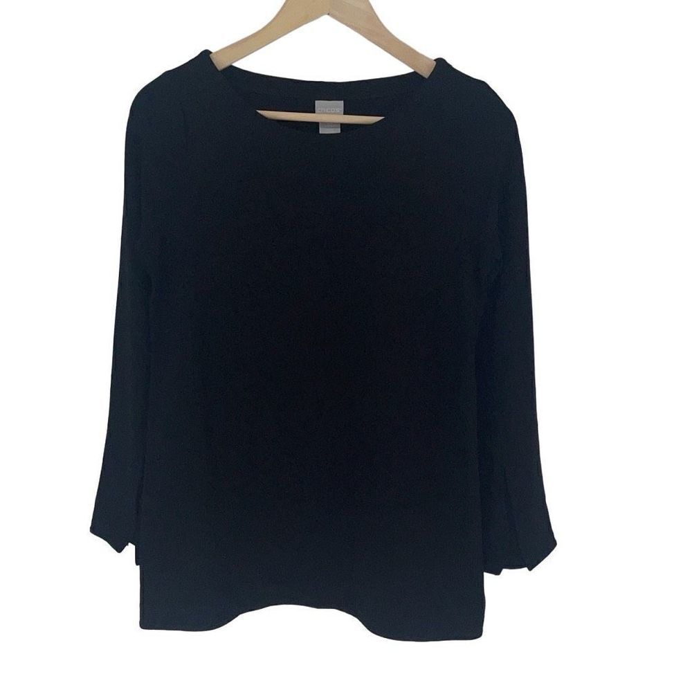 Chicos Womens Stretchy Long Slit Sleeve Crew Neck Top Black Size XS